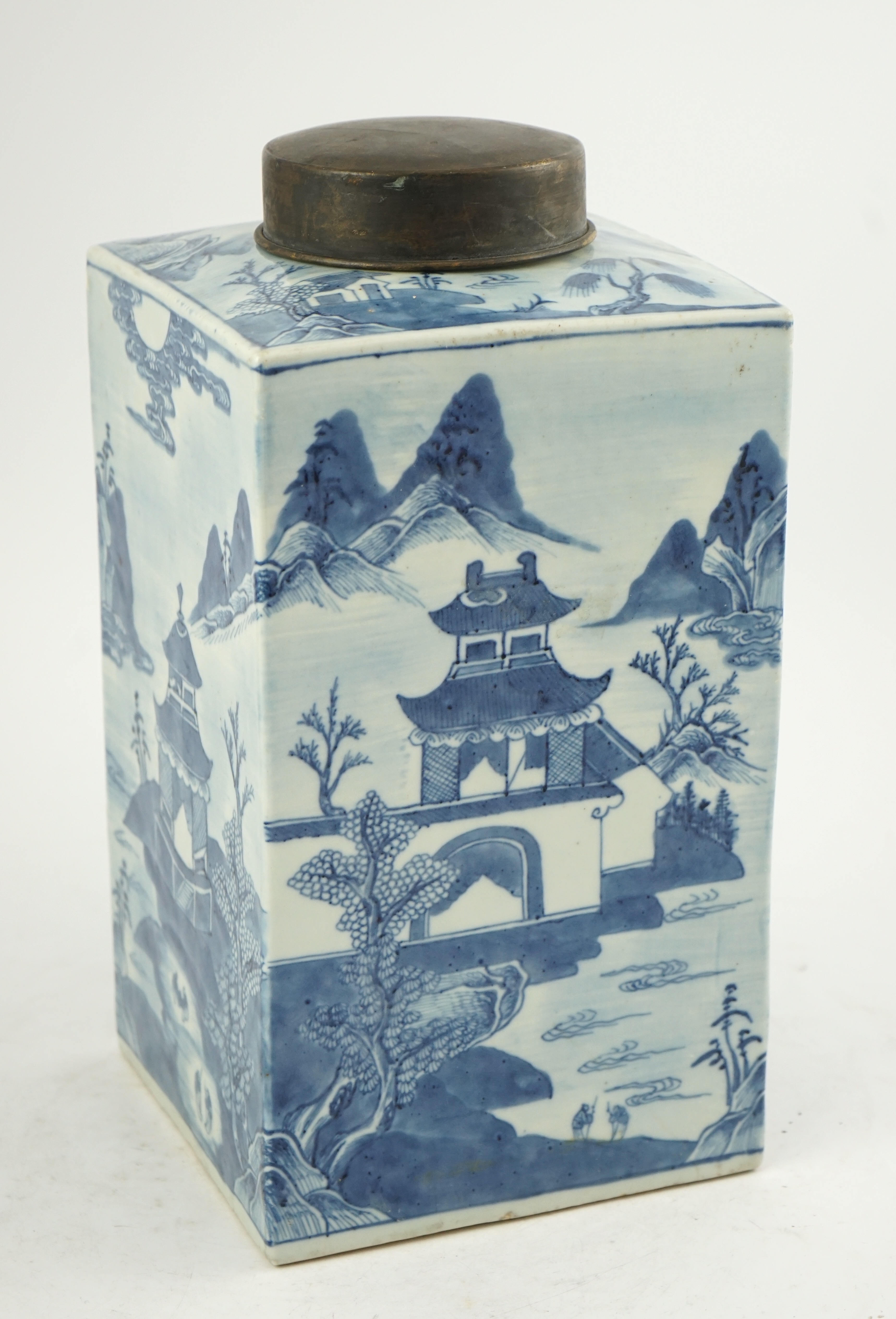 A Chinese blue and white square section tea jar, Qianlong period, metal cover, 36cm high., Condition - good, cover split